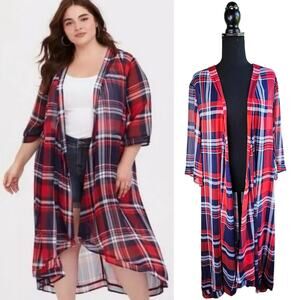 New TORRID Chiffon Red Plaid high-lo Duster Kimono Cardigan Plus Size 1/2 1x 2x